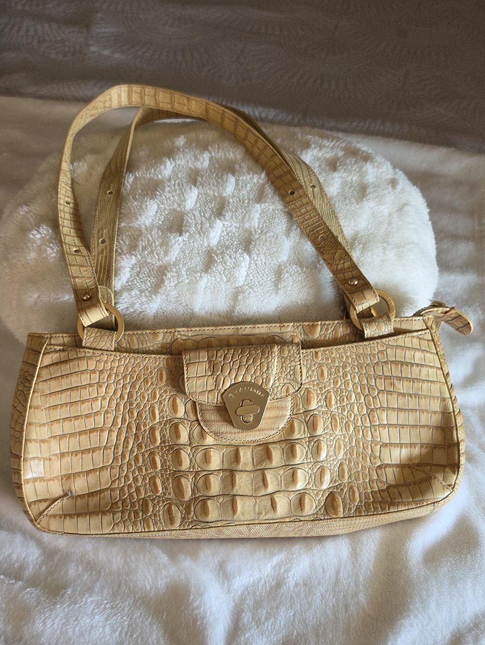 Brahmin Vintage Croc-Embossed Pale Yellow Leathet Shoulder Bag with Flap